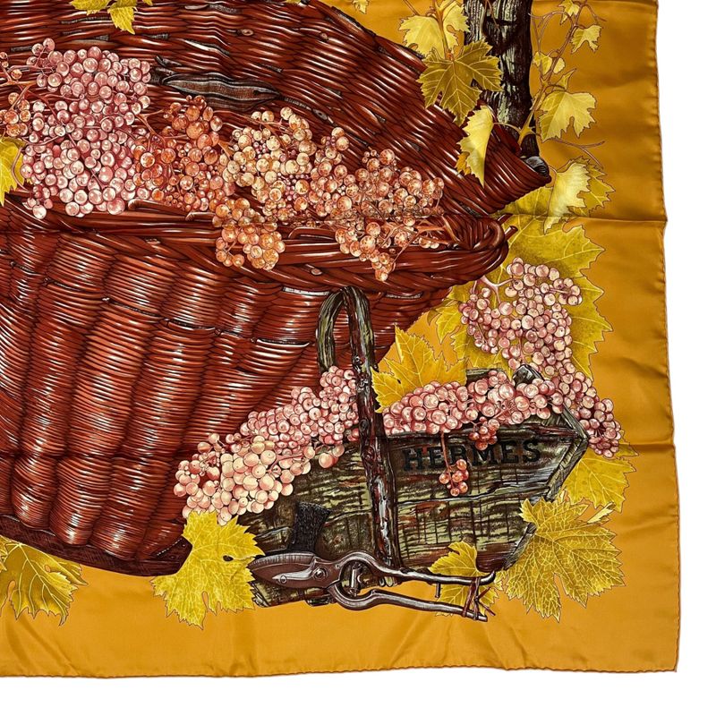 Hermes Scarf Silk Carre 90 Vendanges Grape Harvest Pattern Yellow