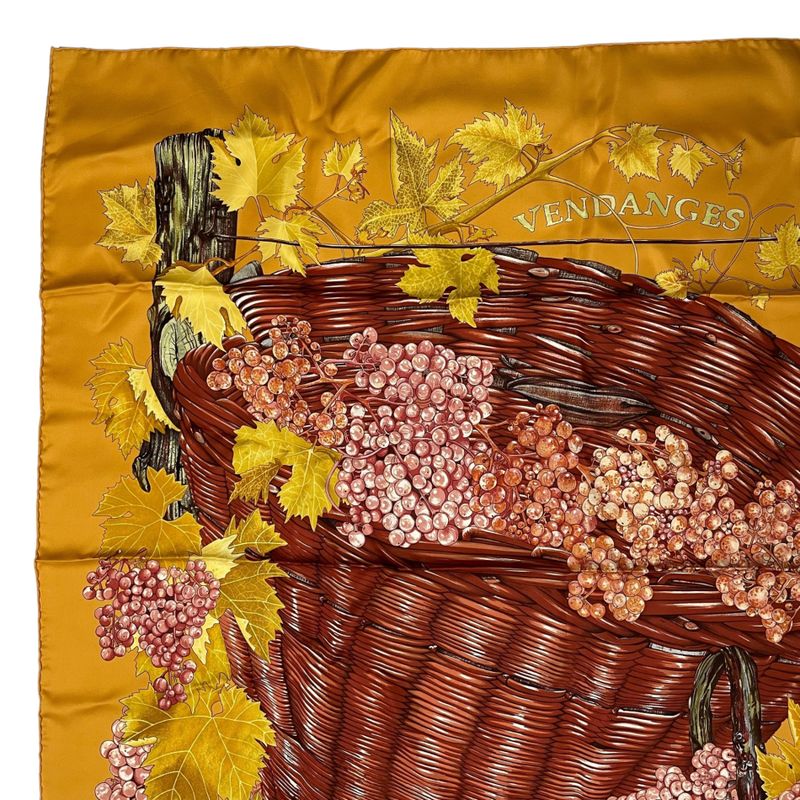 Hermes Scarf Silk Carre 90 Vendanges Grape Harvest Pattern Yellow