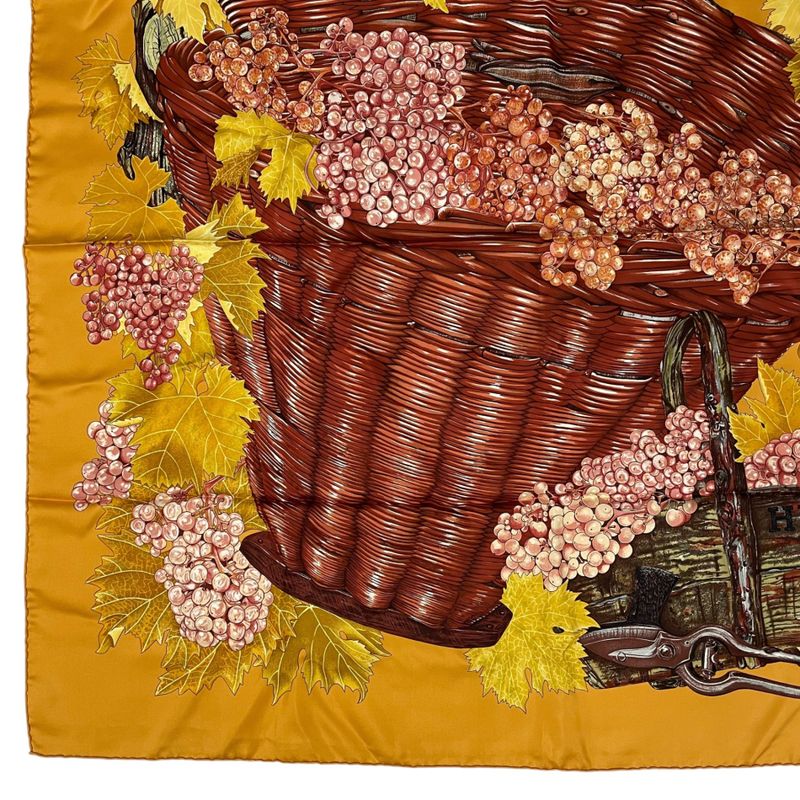 Hermes Scarf Silk Carre 90 Vendanges Grape Harvest Pattern Yellow