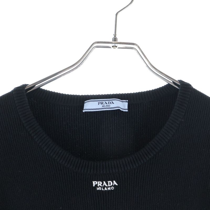 Prada Logo Embroidered Crew Neck Knit Black Flat