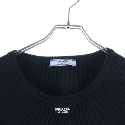 Prada Logo Embroidered Crew Neck Knit Black Flat