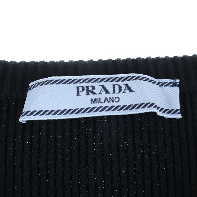 Prada Logo Embroidered Crew Neck Knit Black Flat