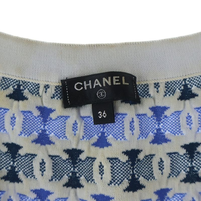 Chanel CC Logo All Over Jacquard Sleeveless Knit Top Blue Flat