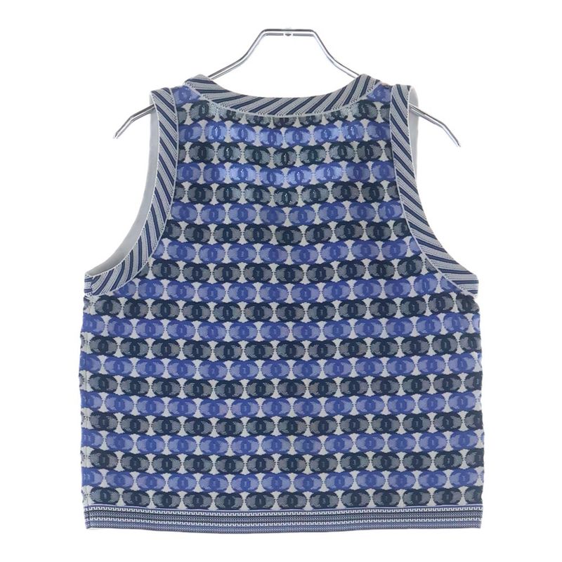 Chanel CC Logo All Over Jacquard Sleeveless Knit Top Blue Flat