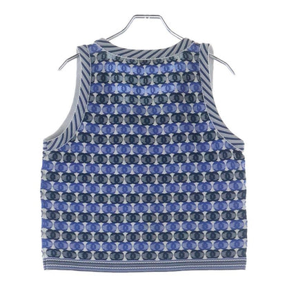 Chanel CC Logo All Over Jacquard Sleeveless Knit Top Blue Flat