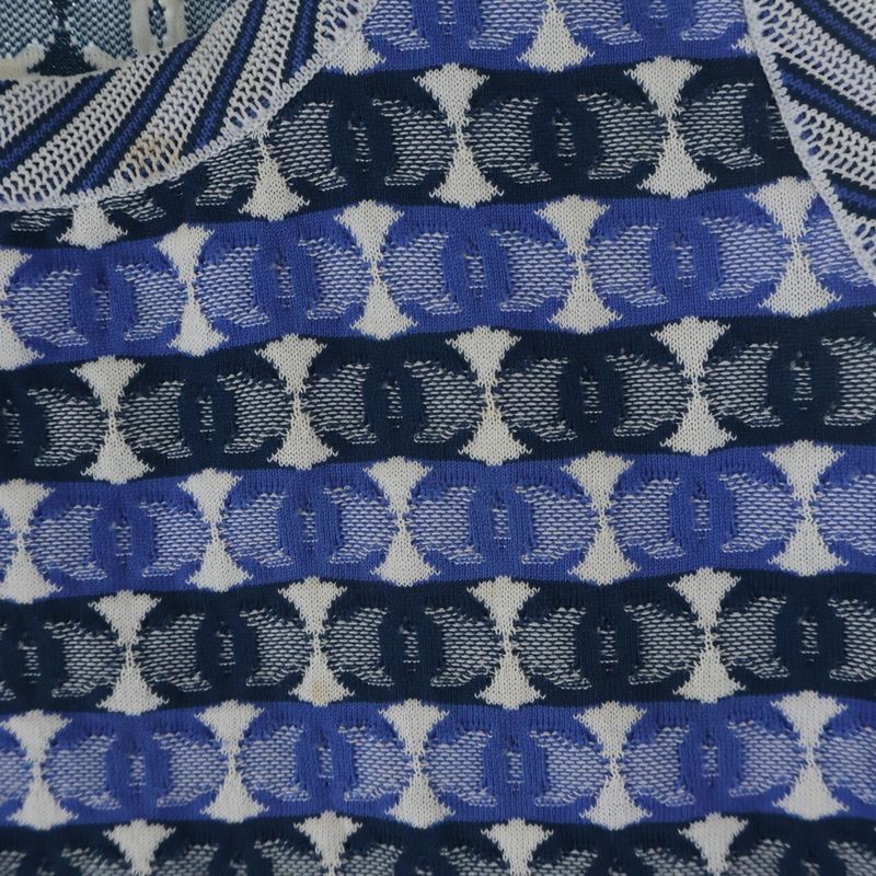Chanel CC Logo All Over Jacquard Sleeveless Knit Top Blue Flat