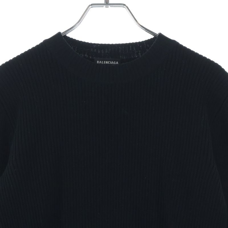 Balenciaga Hem Rubber Logo Patch Crew Neck Knit Sweater Black