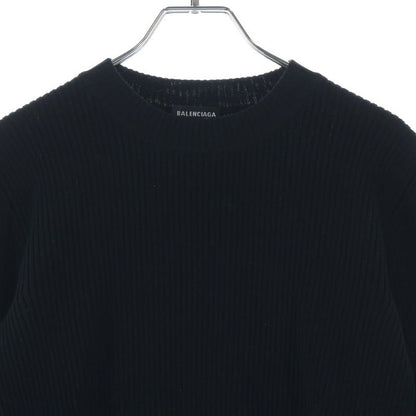 Balenciaga Hem Rubber Logo Patch Crew Neck Knit Sweater Black