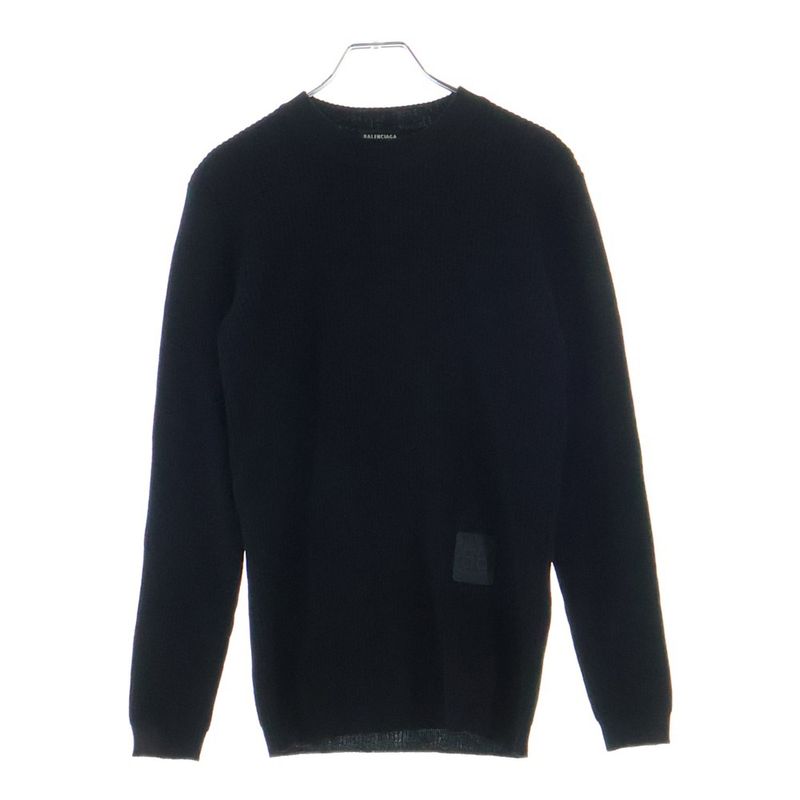 Balenciaga Hem Rubber Logo Patch Crew Neck Knit Sweater Black