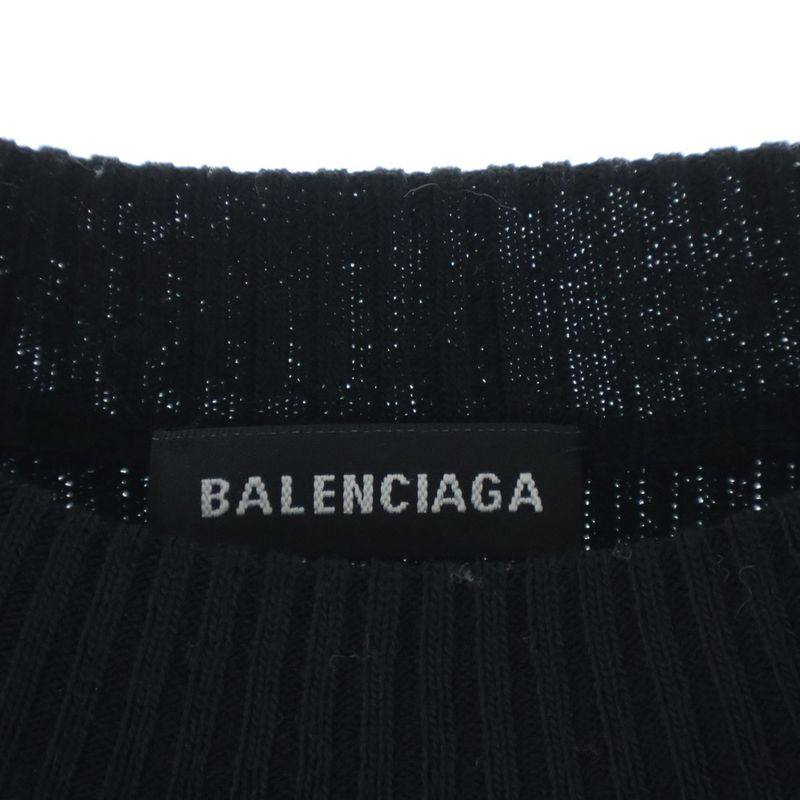 Balenciaga Hem Rubber Logo Patch Crew Neck Knit Sweater Black