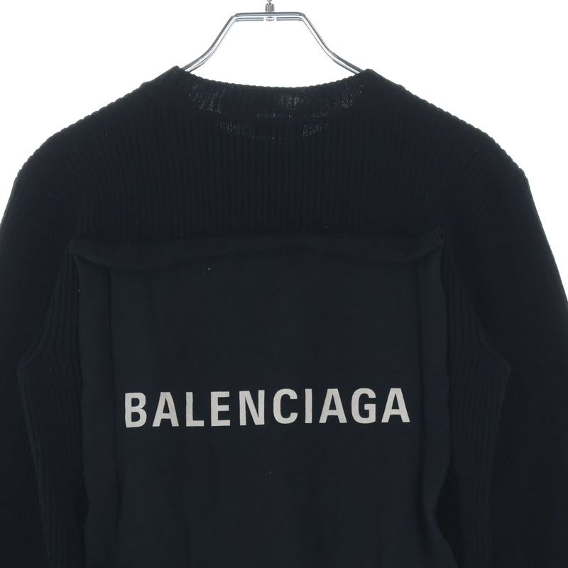 Balenciaga Hem Rubber Logo Patch Crew Neck Knit Sweater Black