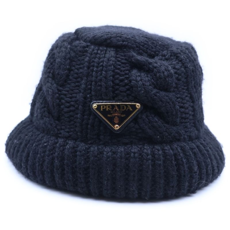 Prada Triangle Plate Wool Bucket Hat Black