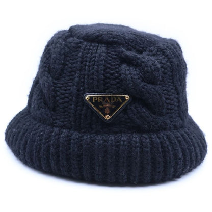 Prada Triangle Plate Wool Bucket Hat Black