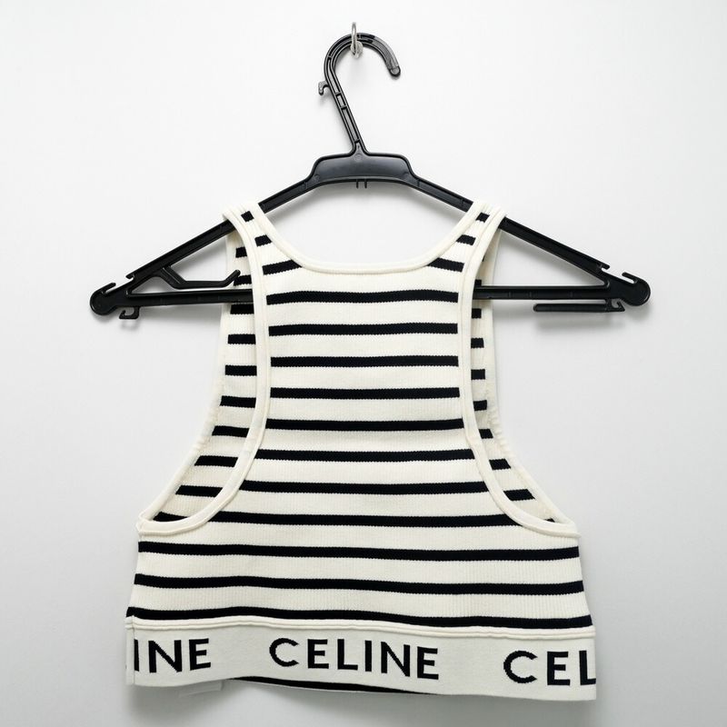 Celine Tank Top Border Black White M Logo Knit