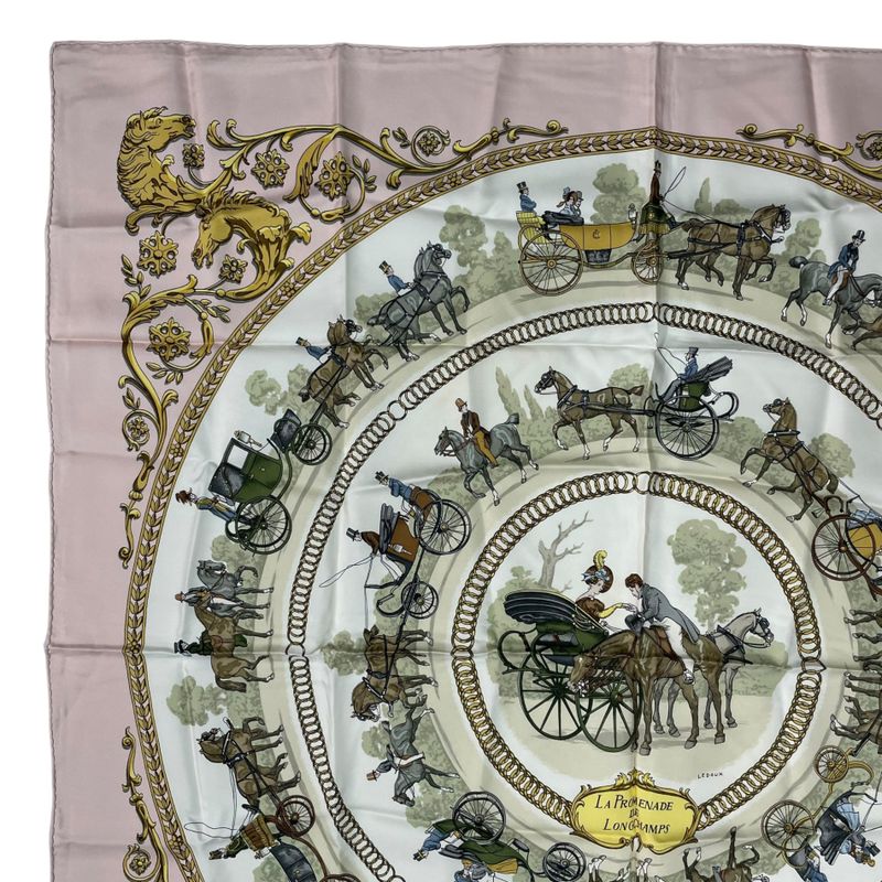 Hermes Scarf Silk Carre 90 la Promenade de Longchamps Walk to Long Chien Pink