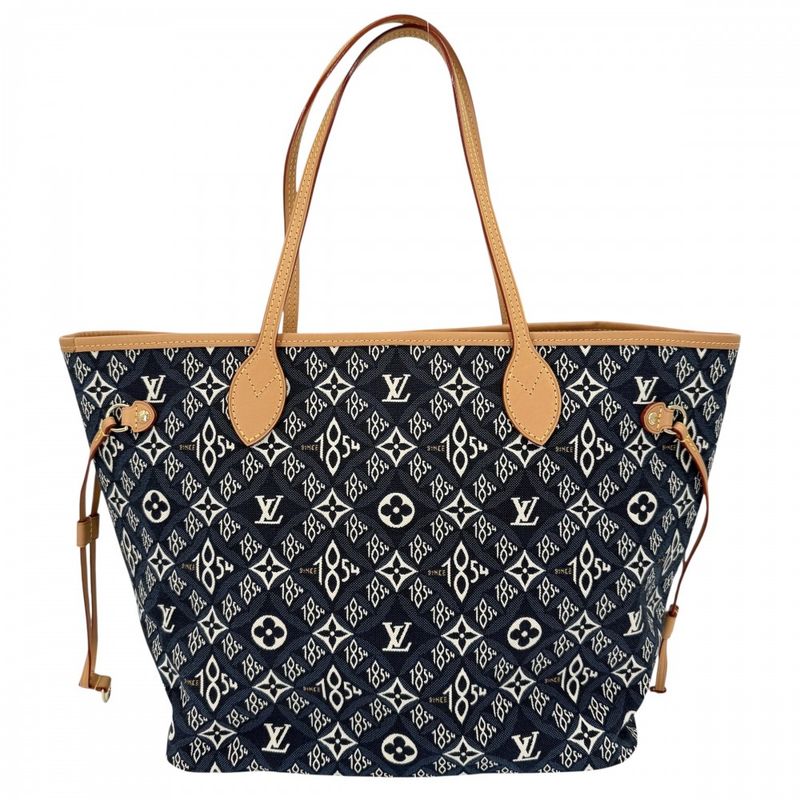 Louis Vuitton Tote Monogram Jacquard Neverfull MM Handbag Navy- X Brown