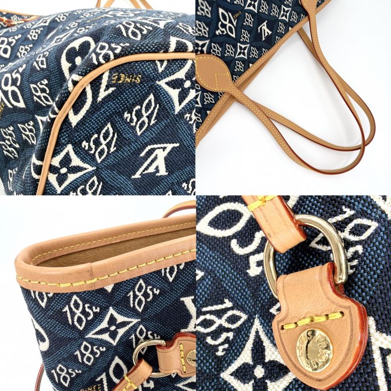 Louis Vuitton Tote Monogram Jacquard Neverfull MM Handbag Navy- X Brown