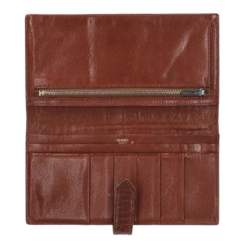 Hermes Bearn Souffle Porosus Shine Wallet Brown Tone