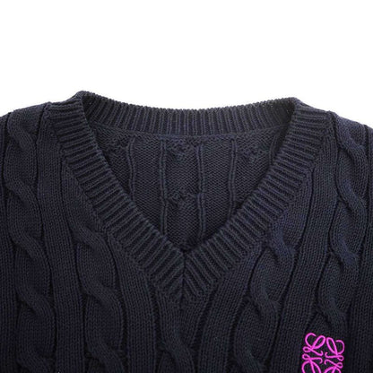 Loewe Anagram Cotton Cable Neck Knit Sweater Navy