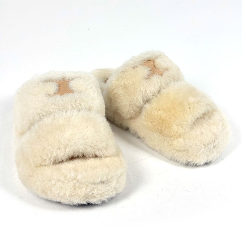 Celine Slide Triomphe Sandals Shearling Shoes Fur Ivory