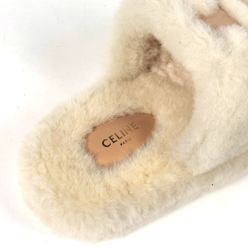 Celine Slide Triomphe Sandals Shearling Shoes Fur Ivory
