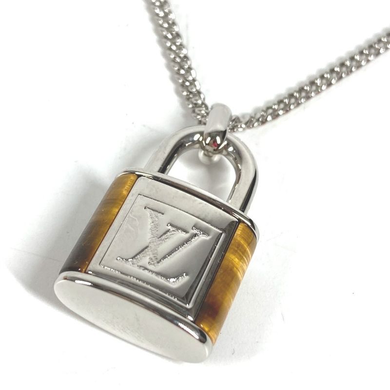 Louis Vuitton Necklace Collier LV Stone Taiga Eye Pendant Silver Brown