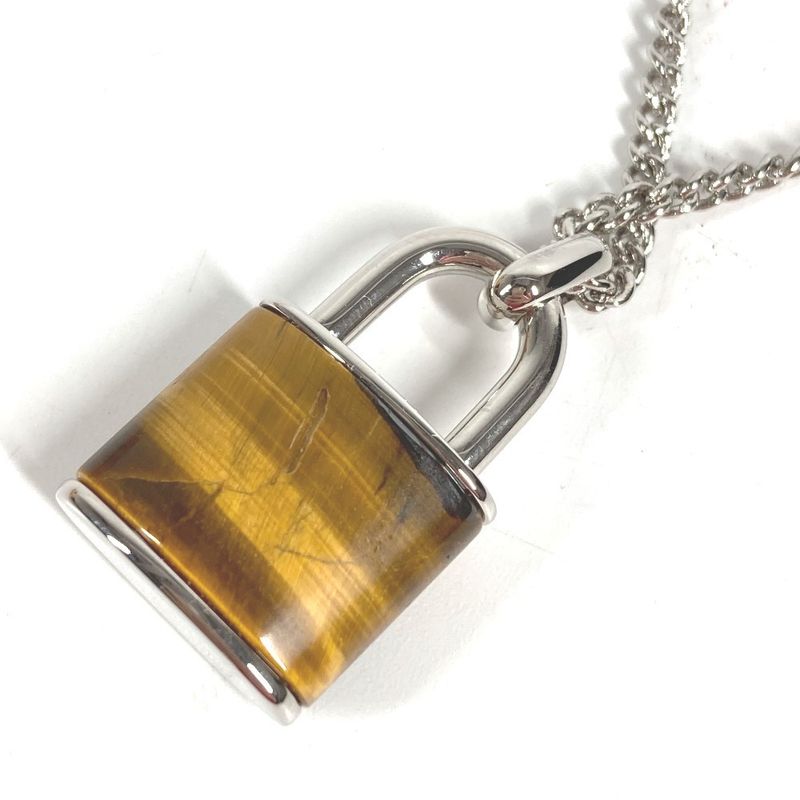 Louis Vuitton Necklace Collier LV Stone Taiga Eye Pendant Silver Brown