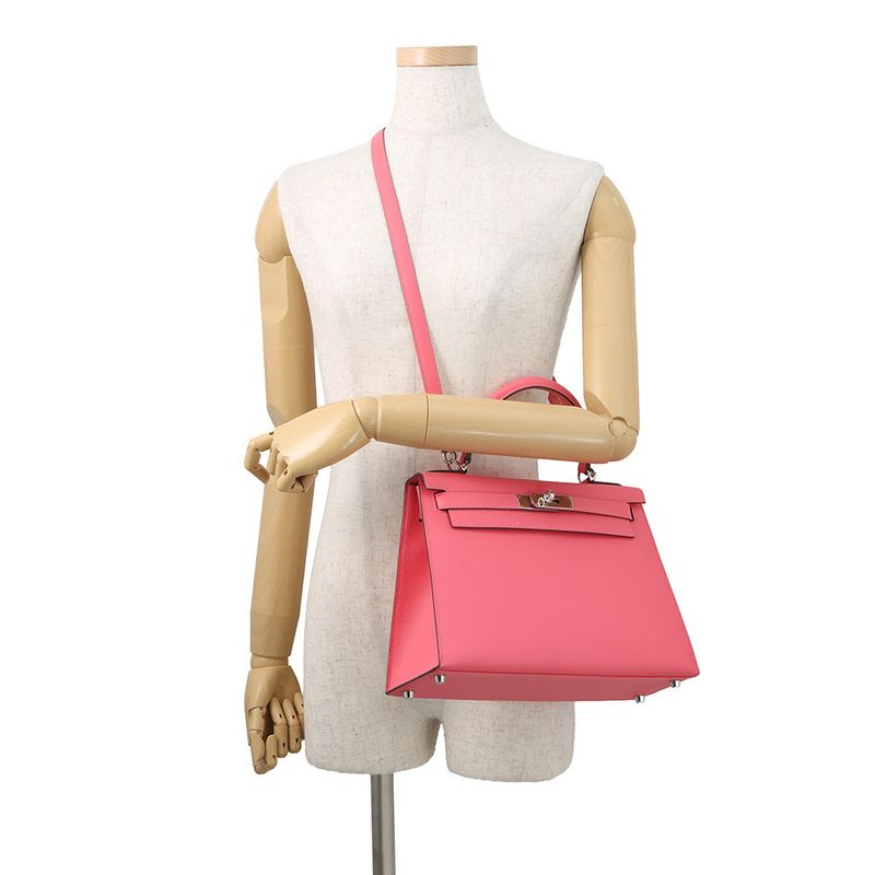 Hermes Handbag Kelly 28 Sellier Rose Azalea Silver Epsom