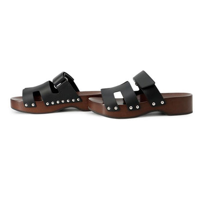 Hermes Sandals Cos Leather Wood 35 Shoes Black Brown