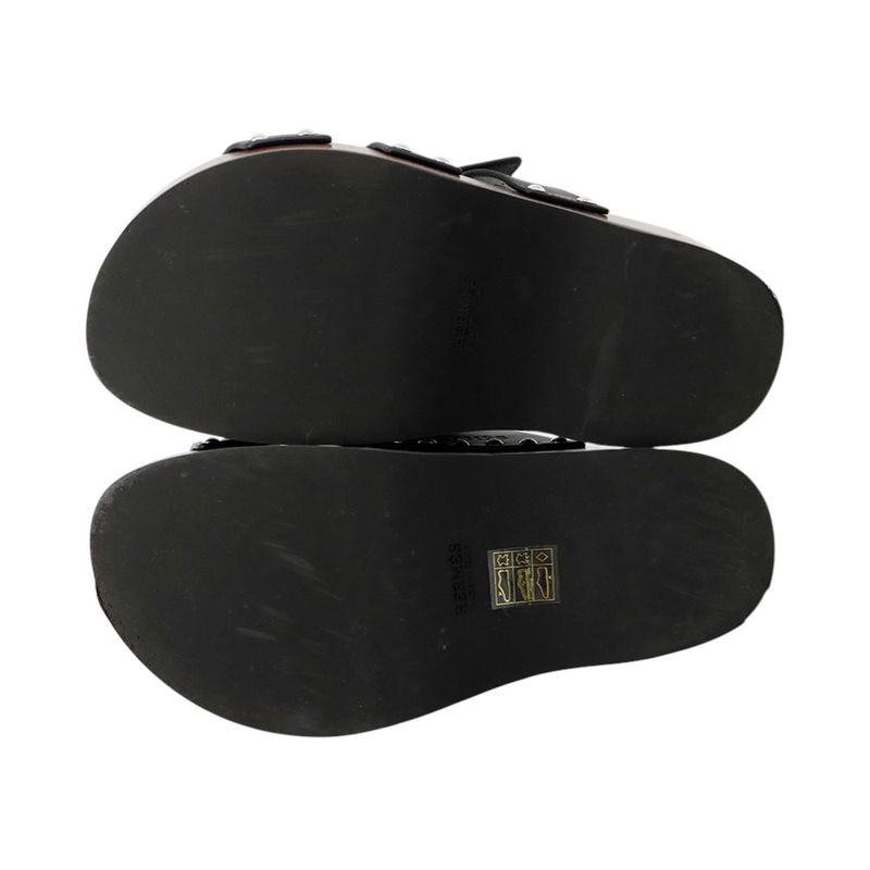 Hermes Sandals Cos Leather Wood 35 Shoes Black Brown