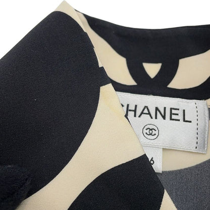Chanel Short Sleeve Shirt CC Logo Wave Silk 36 Cream Black