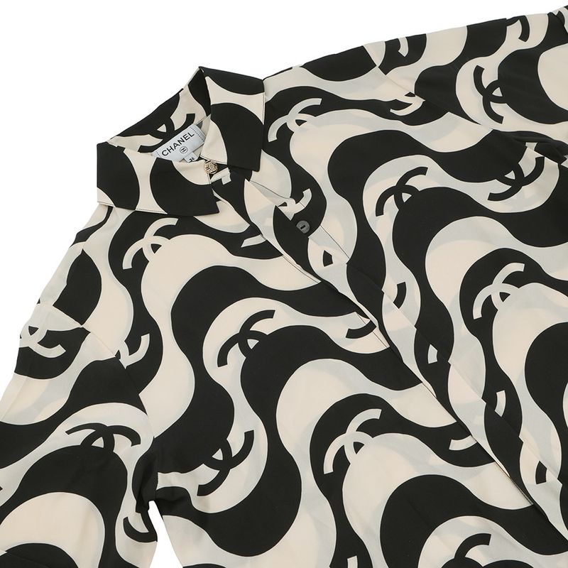 Chanel Short Sleeve Shirt CC Logo Wave Silk 36 Cream Black