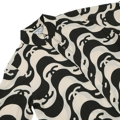 Chanel Short Sleeve Shirt CC Logo Wave Silk 36 Cream Black