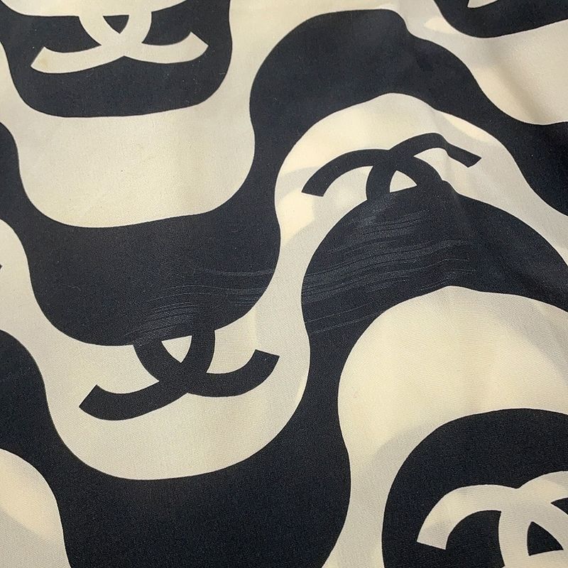 Chanel Short Sleeve Shirt CC Logo Wave Silk 36 Cream Black
