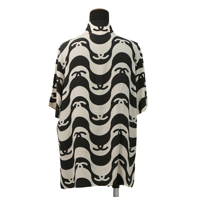 Chanel Short Sleeve Shirt CC Logo Wave Silk 36 Cream Black