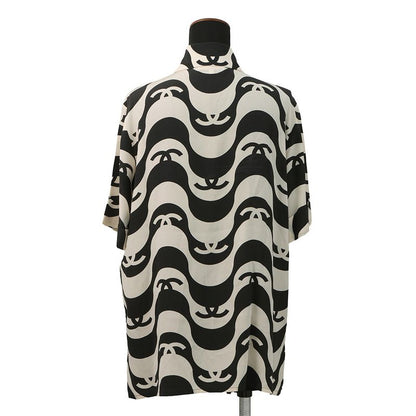 Chanel Short Sleeve Shirt CC Logo Wave Silk 36 Cream Black