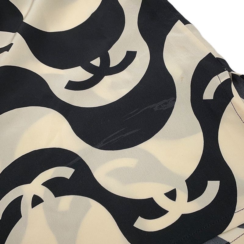 Chanel Short Sleeve Shirt CC Logo Wave Silk 36 Cream Black
