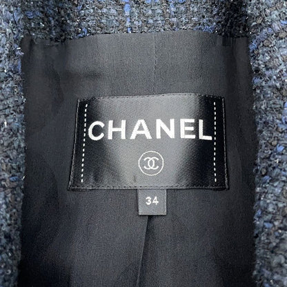 Chanel Coat Tweed Double Breasted 34 Black Navy