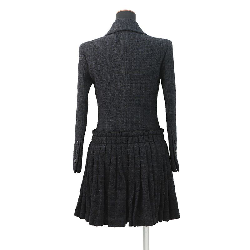Chanel Coat Tweed Double Breasted 34 Black Navy