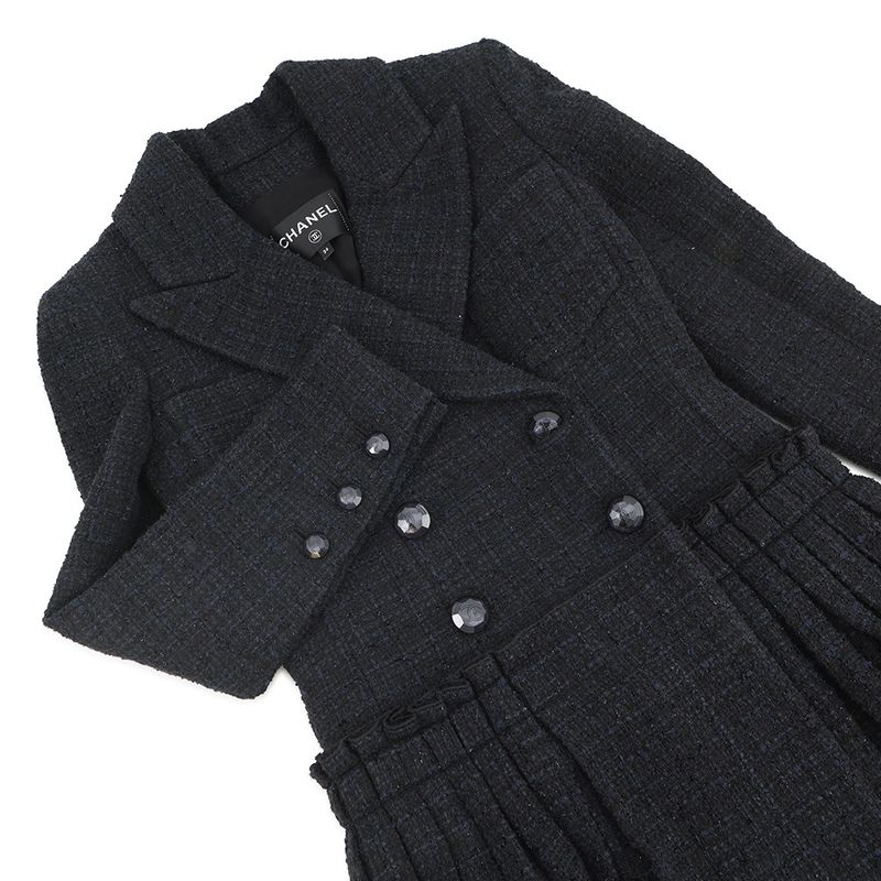 Chanel Coat Tweed Double Breasted 34 Black Navy