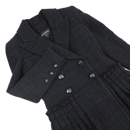 Chanel Coat Tweed Double Breasted 34 Black Navy