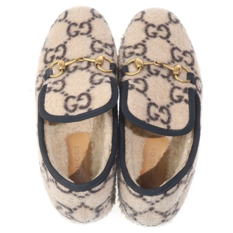 Gucci GG Boa Mouton Horsebit Low Cut Shoes Slip on Beige