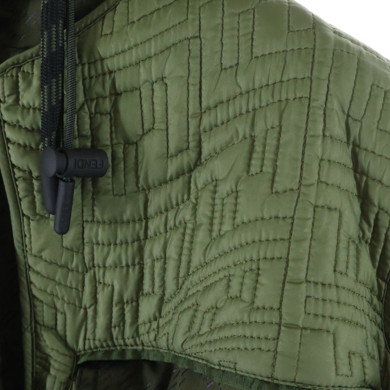 Fendi FF Pattern Quilted Military Hooded Zip Up Jacket Khaki