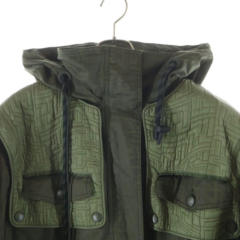 Fendi FF Pattern Quilted Military Hooded Zip Up Jacket Khaki
