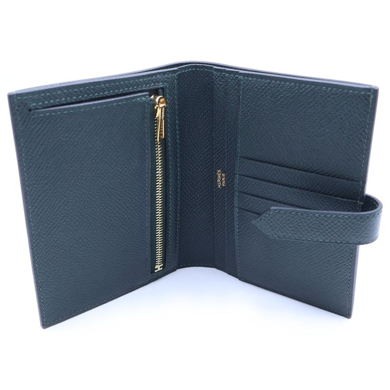 Hermes Bearn Compact Wallet Bifold Coin Case Dark Green Veau Epsom Gold