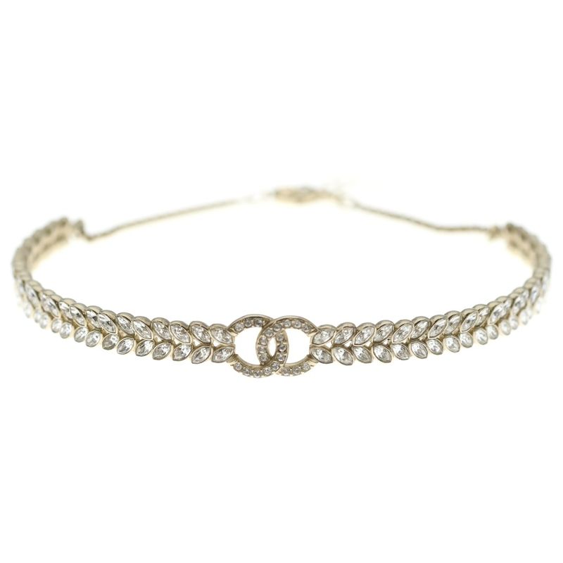 Chanel CC Logo Rhinestone Choker Necklace Gold