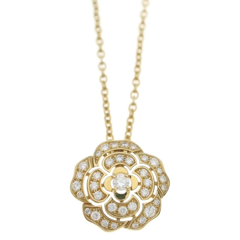 Chanel Camellia Collection Pave Diamond Necklace Pendant 18K YG Yellow