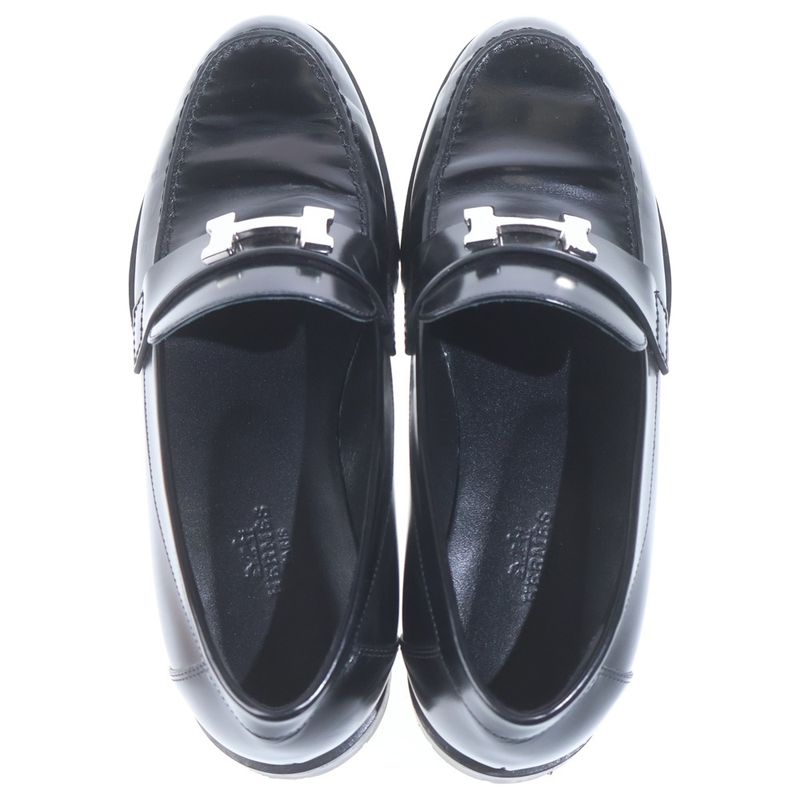 Hermes Moccasins Faubourg Logo Leather Loafers Black