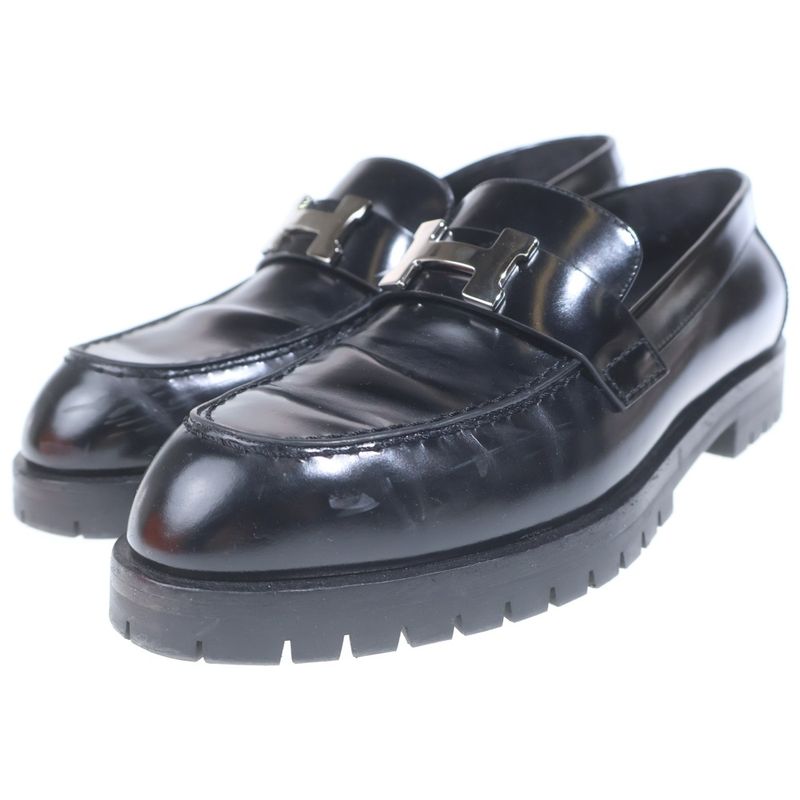 Hermes Moccasins Faubourg Logo Leather Loafers Black