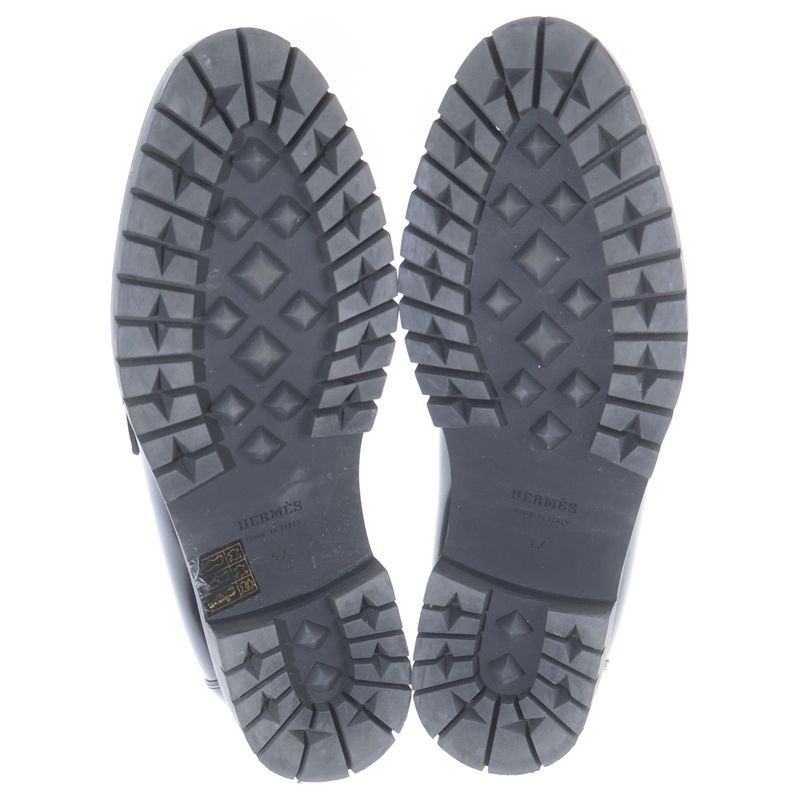 Hermes Moccasins Faubourg Logo Leather Loafers Black